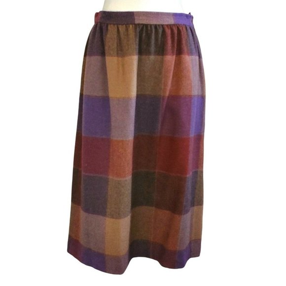 Vintage Italian Wool Plaid Midi Skirt Purple Brown Sz Medium Made‎ In USA - Picture 1 of 12